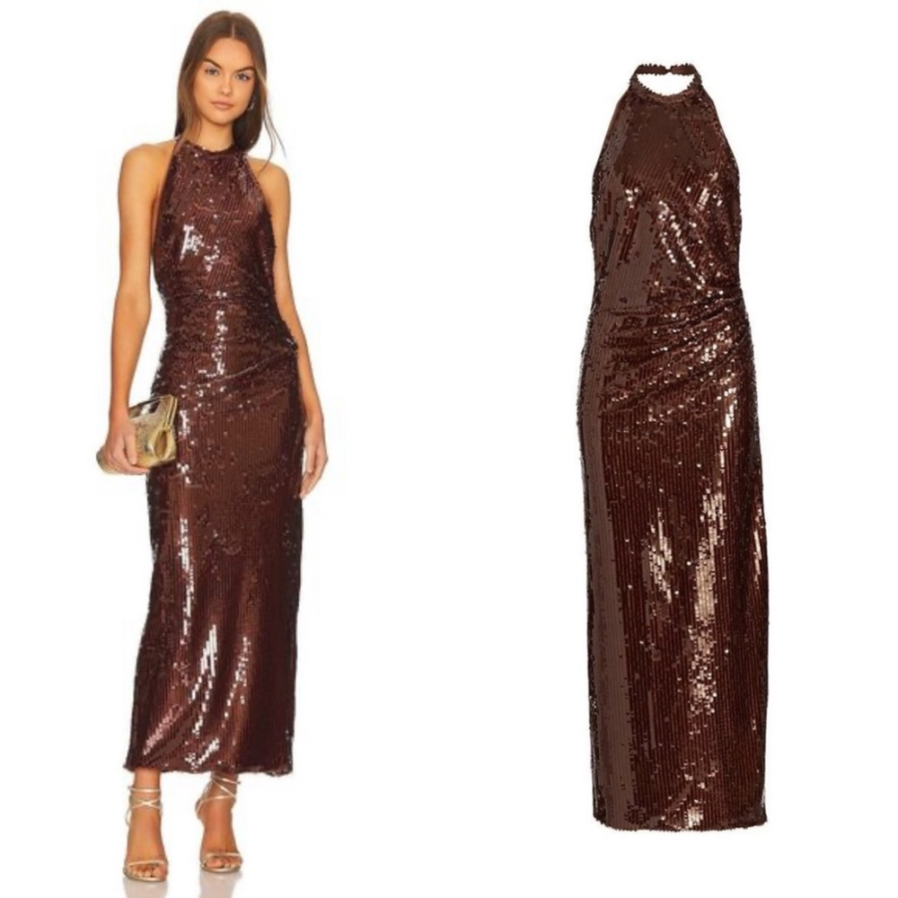Ronny Kobo Collection Brown Sequin Backless Dress
